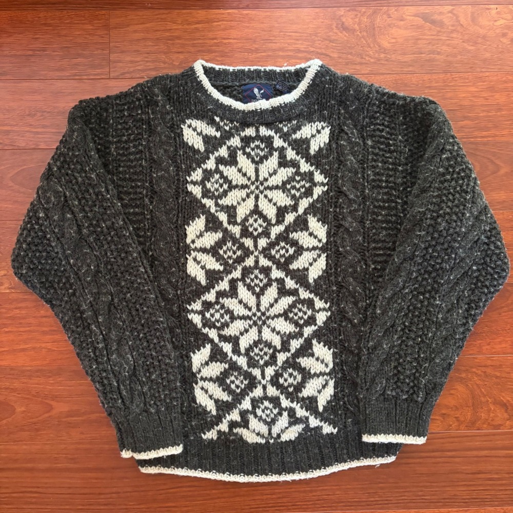 Eagle Bay Mens Nordic Snowflake Cable Knit Sweater Size M Gray Wool Blend Chunky